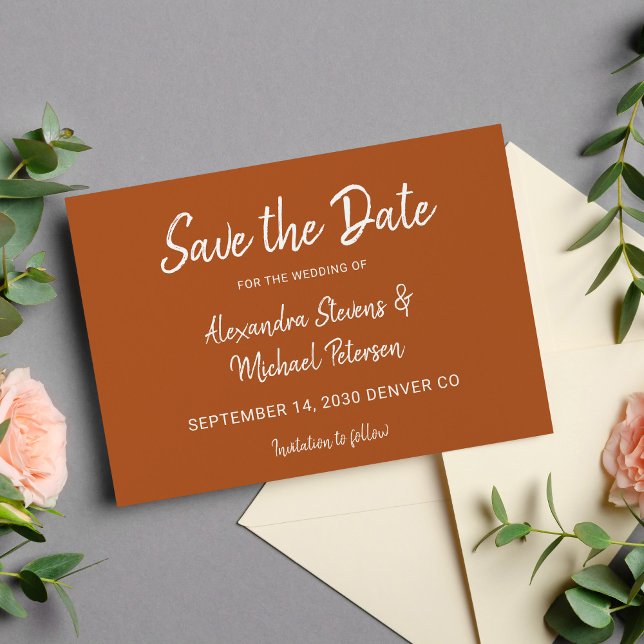Modern script autumn terracotta wedding save the date (Creator Uploaded)