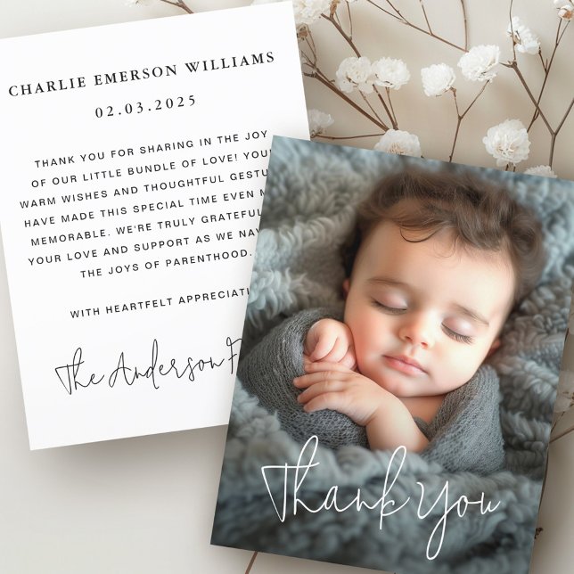 Modern script baby announcement photo thank you (Modern script baby announcement photo thank you)