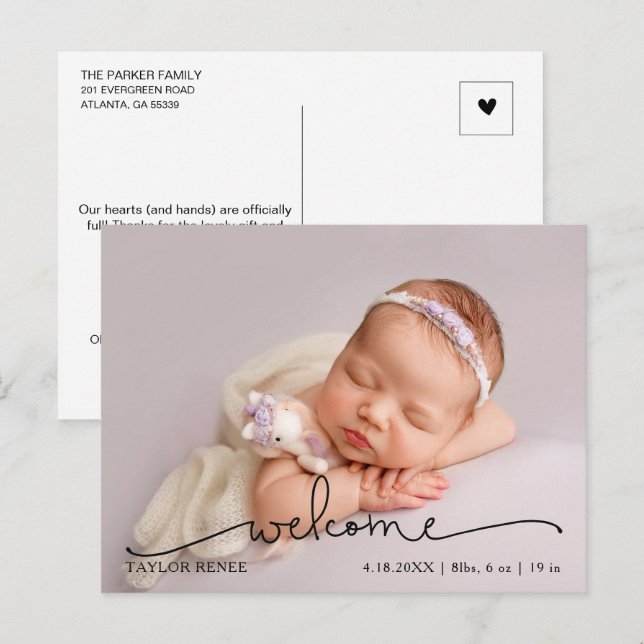 Modern Script Baby Photo Birth Announcement Postcard (Front/Back)