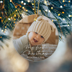 Modern Script Baby’s First Christmas Photo Ceramic Tree Decoration