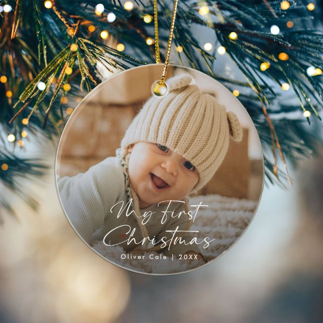 Modern Script Baby’s First Christmas Photo Ceramic Tree Decoration (Creator Uploaded)