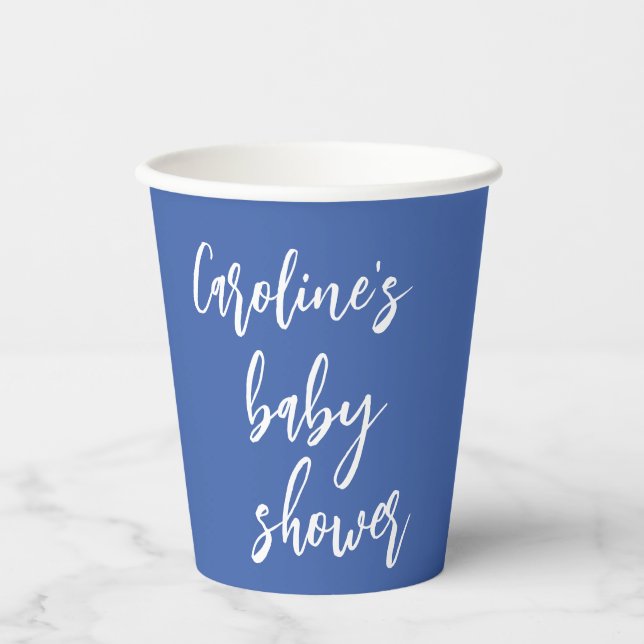 Modern Script Baby Shower Custom French Blue Paper Cups (Front)