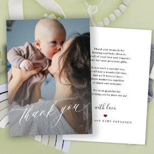 Modern script baby shower photo thank you card