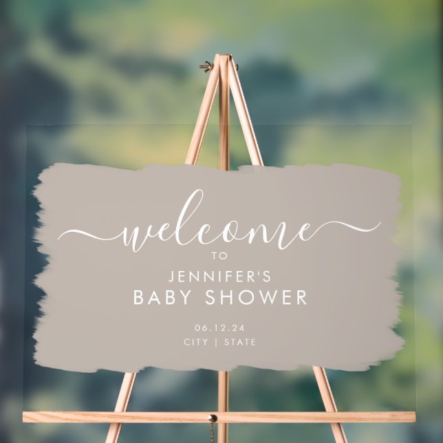 Modern Script Baby Shower Welcome Paint Beige Acrylic Sign (Neutral)