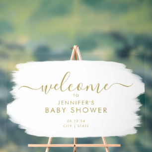 Modern Script Baby Shower Welcome Paint White Gold Acrylic Sign