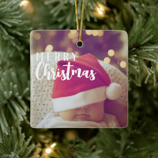 Modern Script Baby's First Christmas Photo Ceramic Ornament (Tree)
