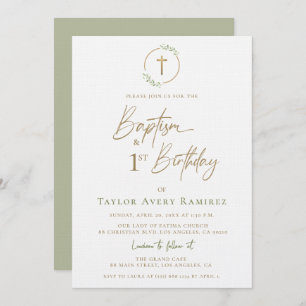 Modern Script Baptism and 1st Birthday Green Gold  Invitation