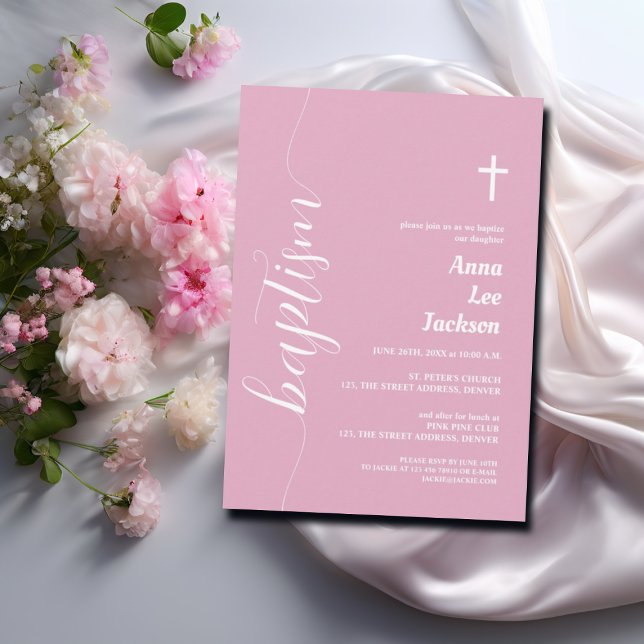 Modern Script Baptism White Cross Dusty Pink Invitation (Creator Uploaded)