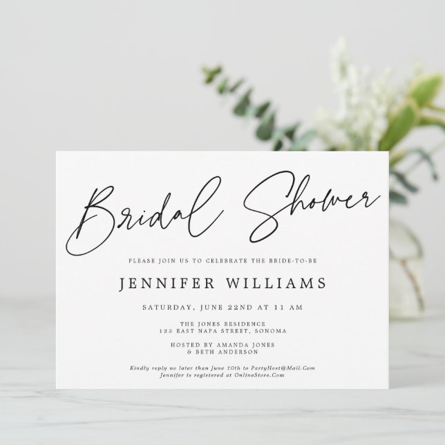 Modern Script Beautiful White Black Bridal Shower Invitation (Standing Front)