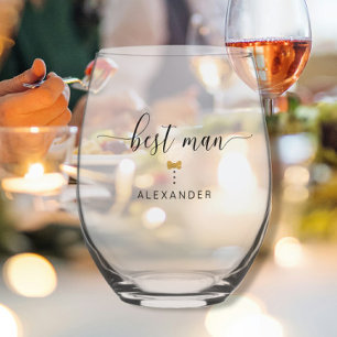 Modern Script Best Man Gold Bow Tie Name Wedding Stemless Wine Glass
