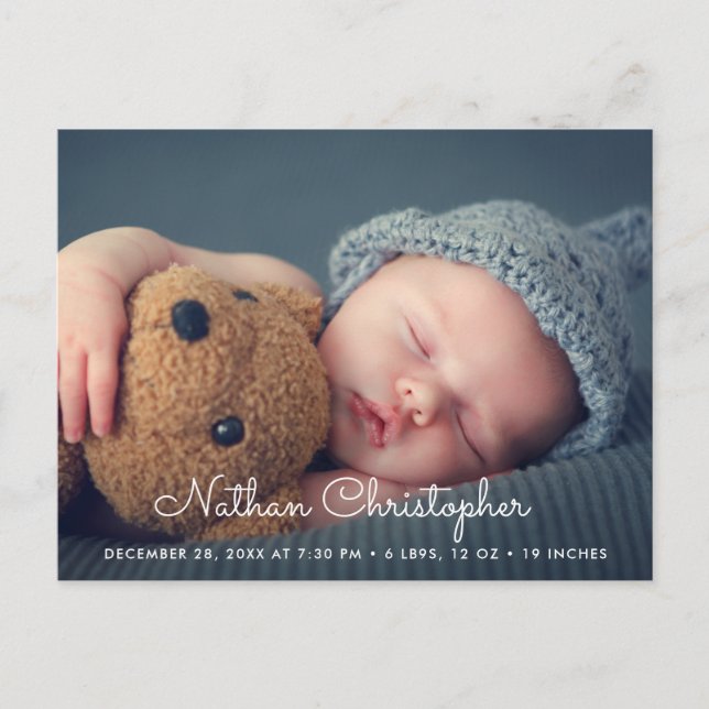 Modern script birth announcement postcard (Front)