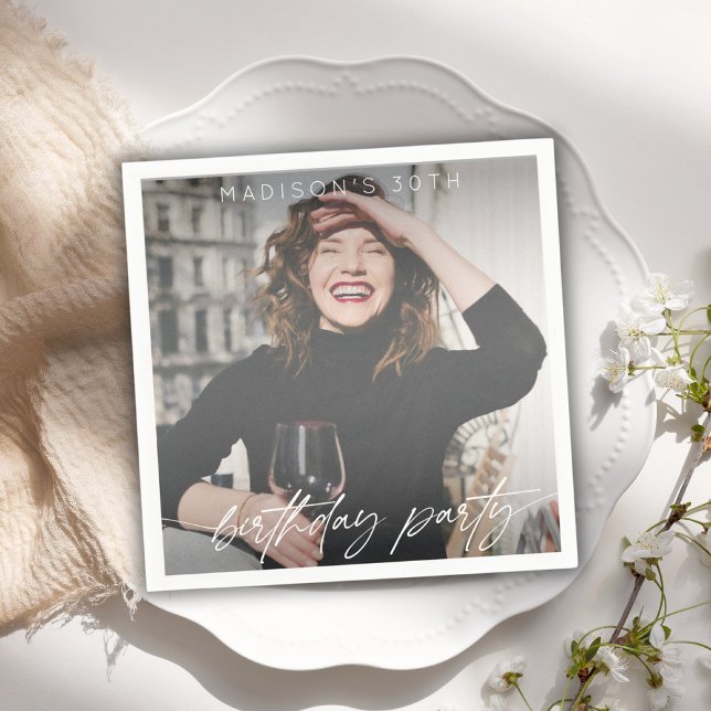 Modern Script Birthday Party Photo  Napkin (Creator Uploaded)