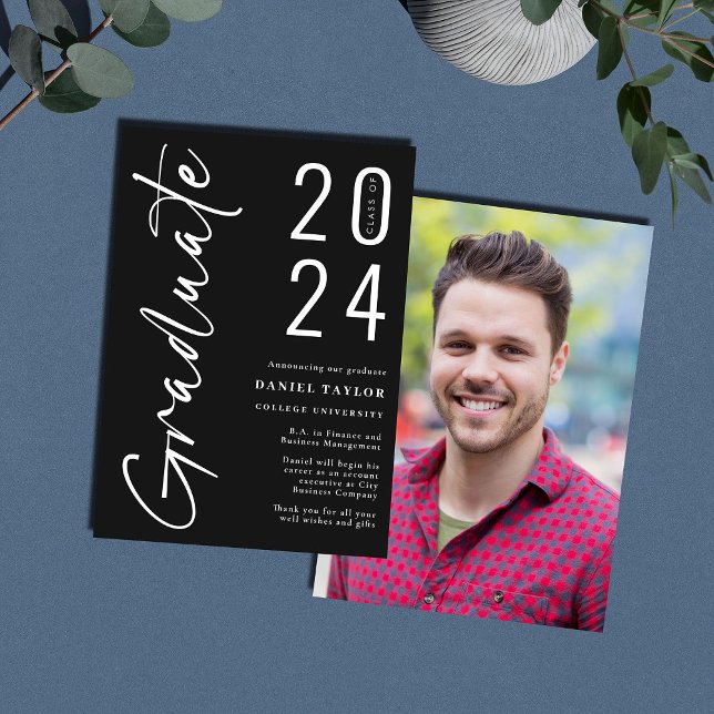 Modern Script Black 2024 Photo Graduation Announcement (Creator Uploaded)