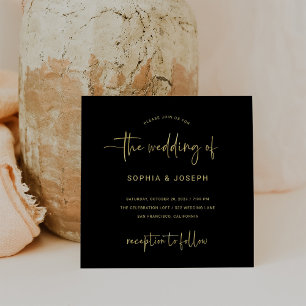 Modern Script Black and Faux Gold Wedding Invitation