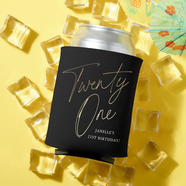 Modern Script Black and Gold 21st Birthday Party Can Cooler (In Situ Summer)