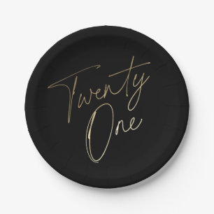Modern Script Black and Gold 21st Birthday Party Paper Plate