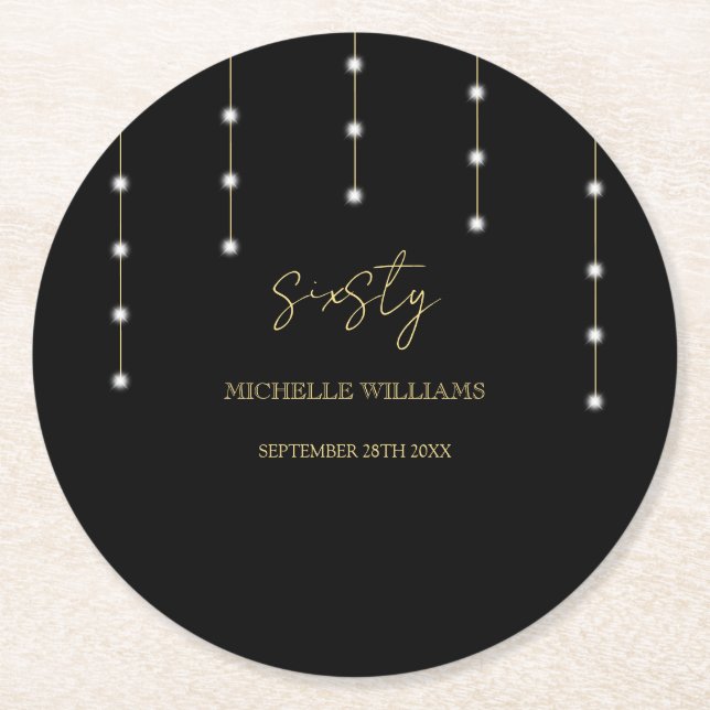 Modern Script Black And Gold Party Round Paper Coaster (Front)