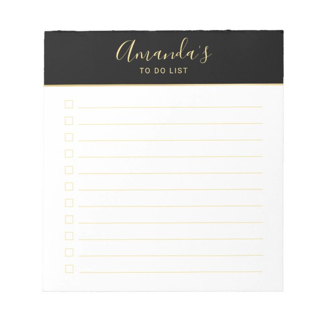 Modern Script Black and Gold To Do List Notepad (Front)