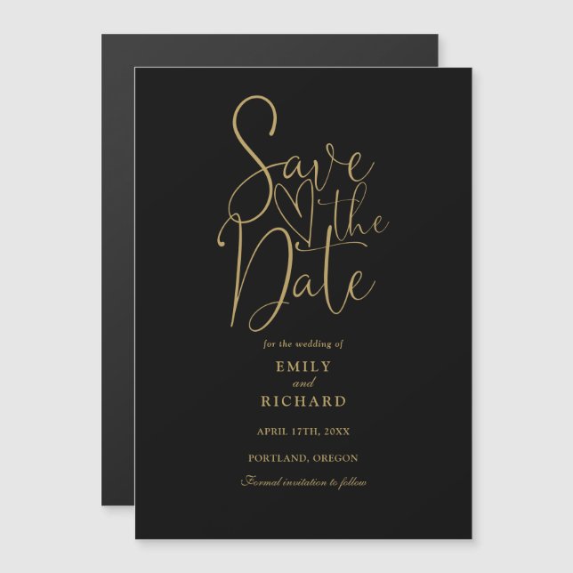 Modern Script Black And Gold Wedding Save The Date Magnetic Invitation (Front/Back)