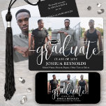Modern Script Black and White 4 Photo Graduation Announcement<br><div class="desc">Share the joy of a high school or college graduation with custom 4 photo collage black and white announcements. The pictures and all wording on this template are simple to personalise with any details of your choice, such as party invitation info, parents' names, special honours, degree title, favourite inspirational quote,...</div>