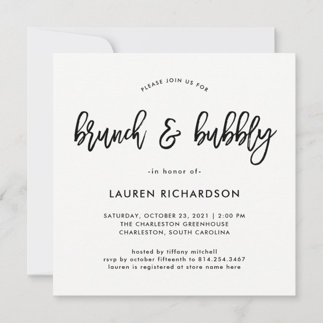 Modern Script | Black and White Brunch and Bubbly Invitation (Front)