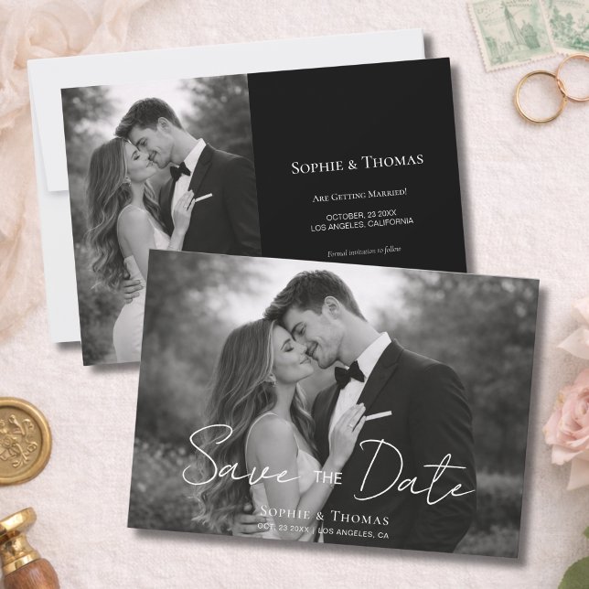 Modern Script  Black and White Photo Save the Date (Modern Script Black and White Photo Save the Date)