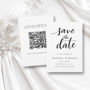 Modern Script Black and White QR Code Wedding Save The Date