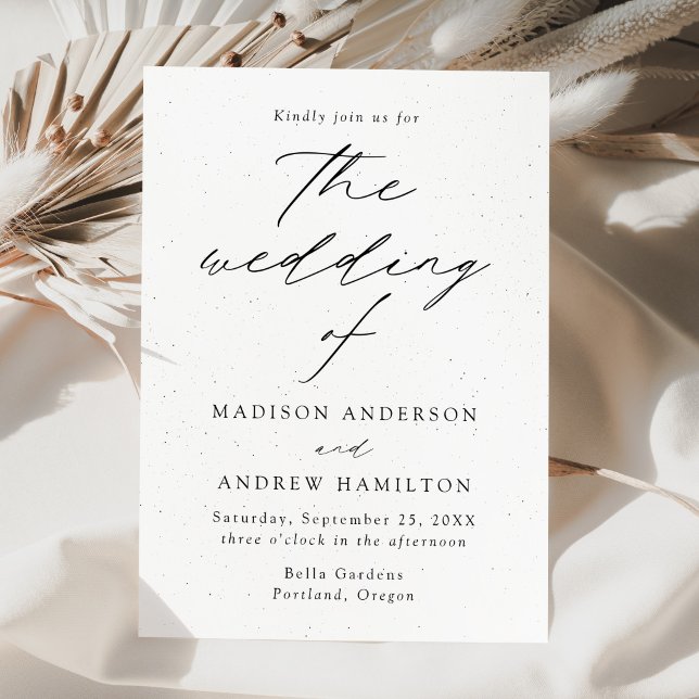 Modern Script Black and White Speckled Wedding Invitation (Creator Uploaded)