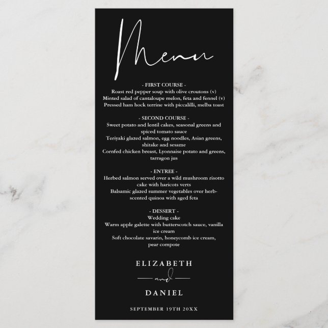 Modern Script Black And White Wedding Dinner Menu (Front)