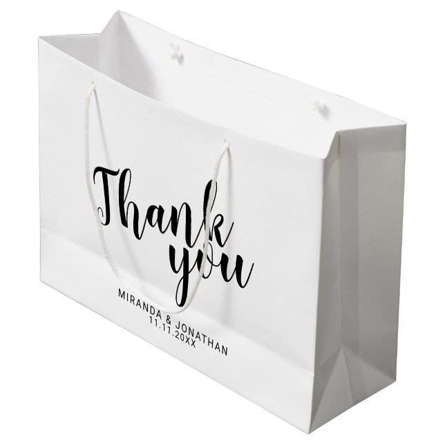 Modern Script Black and White Wedding Favour Large Gift Bag (Front Angled)