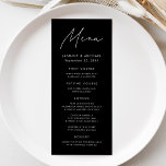 Modern Script Black and White Wedding Menu<br><div class="desc">Elevate your wedding reception with our beautifully crafted wedding menu, featuring a sleek handwritten white script on a black background. Perfect for couples seeking a simple yet sophisticated look, this modern design lets you personalise with your names, wedding date, and menu offerings. Its minimalist style effortlessly complements any wedding theme,...</div>