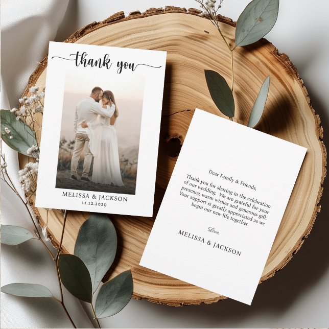 Modern Script Black and White Wedding Photo Thank You Card (Creator Uploaded)