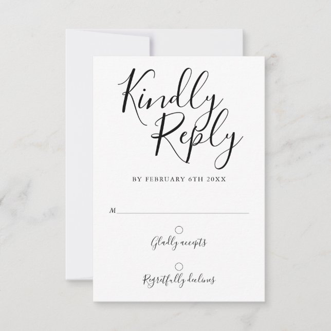 Modern Script Black And White Wedding RSVP Card (Front)