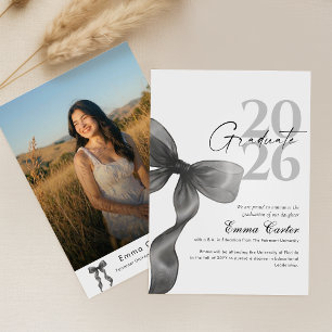 Modern Script Black Bow Simple Photo Graduation Announcement