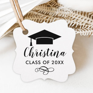 Modern Script Black Cap Class of 2026 Graduation Favour Tags