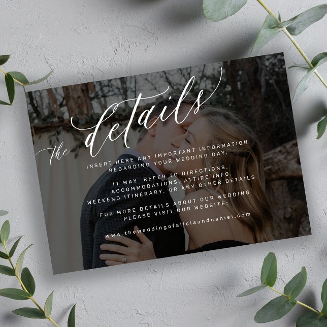 Modern script black faded photo wedding details enclosure card (Creator Uploaded)