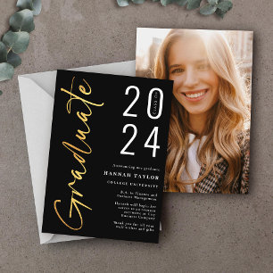 Modern Script Black Gold 2024 Photo Graduation Announcement