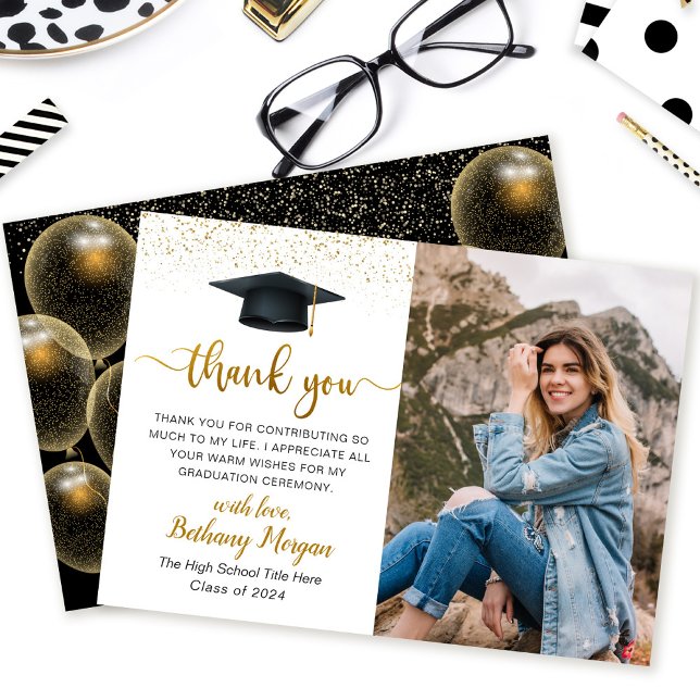 Modern Script Black Gold Balloon Graduation Photo  Thank You Card (Creator Uploaded)
