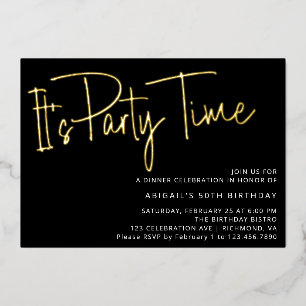 Modern Script Black Gold Birthday Party Time