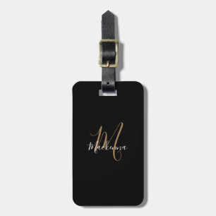 Modern Script Black Gold Monogram Name Stylish Luggage Tag