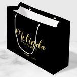 Modern Script Black&Gold Personalised Bridesmaids Large Gift Bag<br><div class="desc">Modern Script Personalised Bridesmaids Gift Bag featuring personalised bridesmaid's name in gold modern script font style with title and wedding date in modern sans serif font style on black background. Also perfect for Maid of Honour, Flower Girl, Mother of the Bride, Groomsmen, Best man and more. Please Note: The foil...</div>