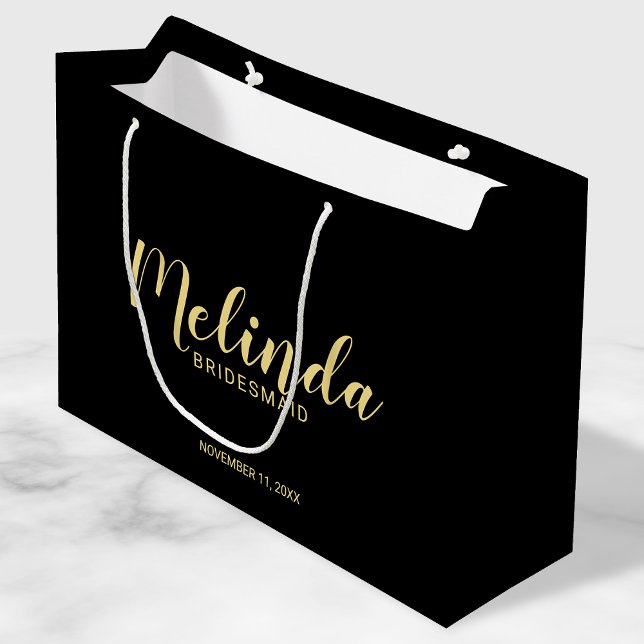 Modern Script Black&Gold Personalised Bridesmaids Large Gift Bag (Creator Uploaded)