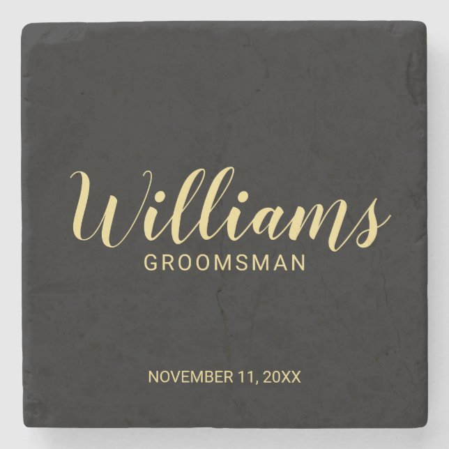Modern Script Black& Gold Personalised Groomsman Stone Coaster (Front)
