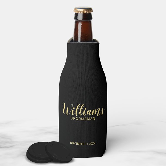 Modern Script Black&Gold Personalised Groomsmen Bottle Cooler (Creator Uploaded)