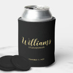 Modern Script Black&Gold Personalised Groomsmen Can Cooler<br><div class="desc">Modern Script Personalised Groomsmen Can Cooler featuring personalised groomsman's name in gold modern script font style with title and wedding date in modern sans serif font style on black background. Also perfect for Maid of Honour, Flower Girl, Mother of the Bride, Groomsmen, Best man and more. Please Note: The foil...</div>