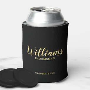 Modern Script Black&Gold Personalised Groomsmen Can Cooler