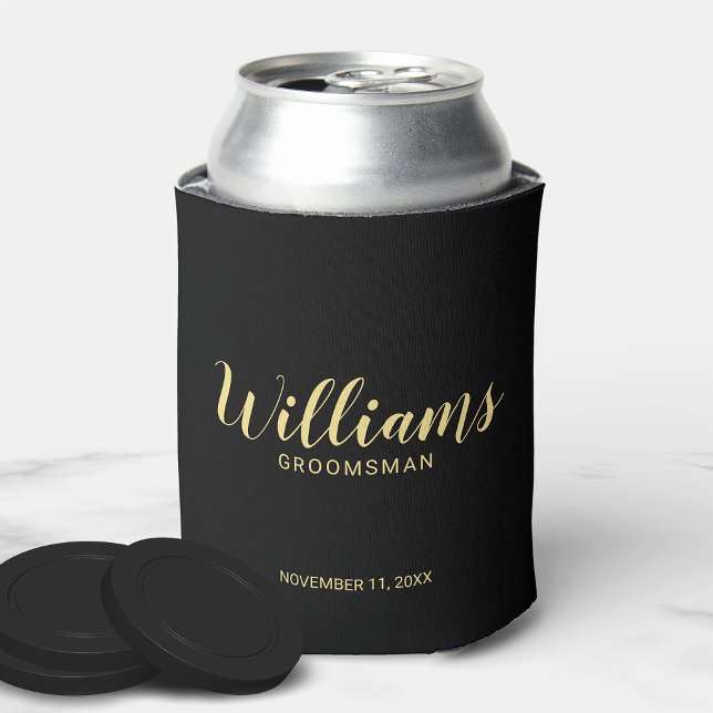 Modern Script Black&Gold Personalised Groomsmen Can Cooler (Creator Uploaded)