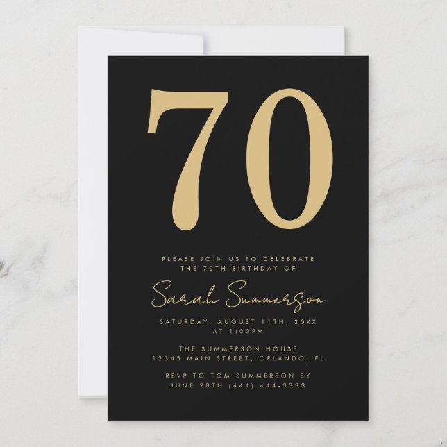 Modern Script Black Gold Seventy 70th Birthday Invitation (Front)