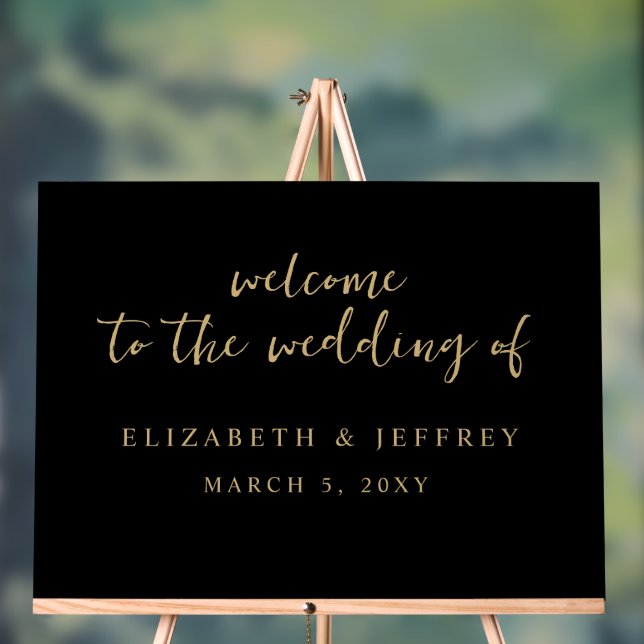 Modern Script Black Gold Wedding Welcome Sign (Neutral)