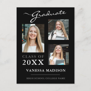 Modern Script Black Graduate Announcement Postcard